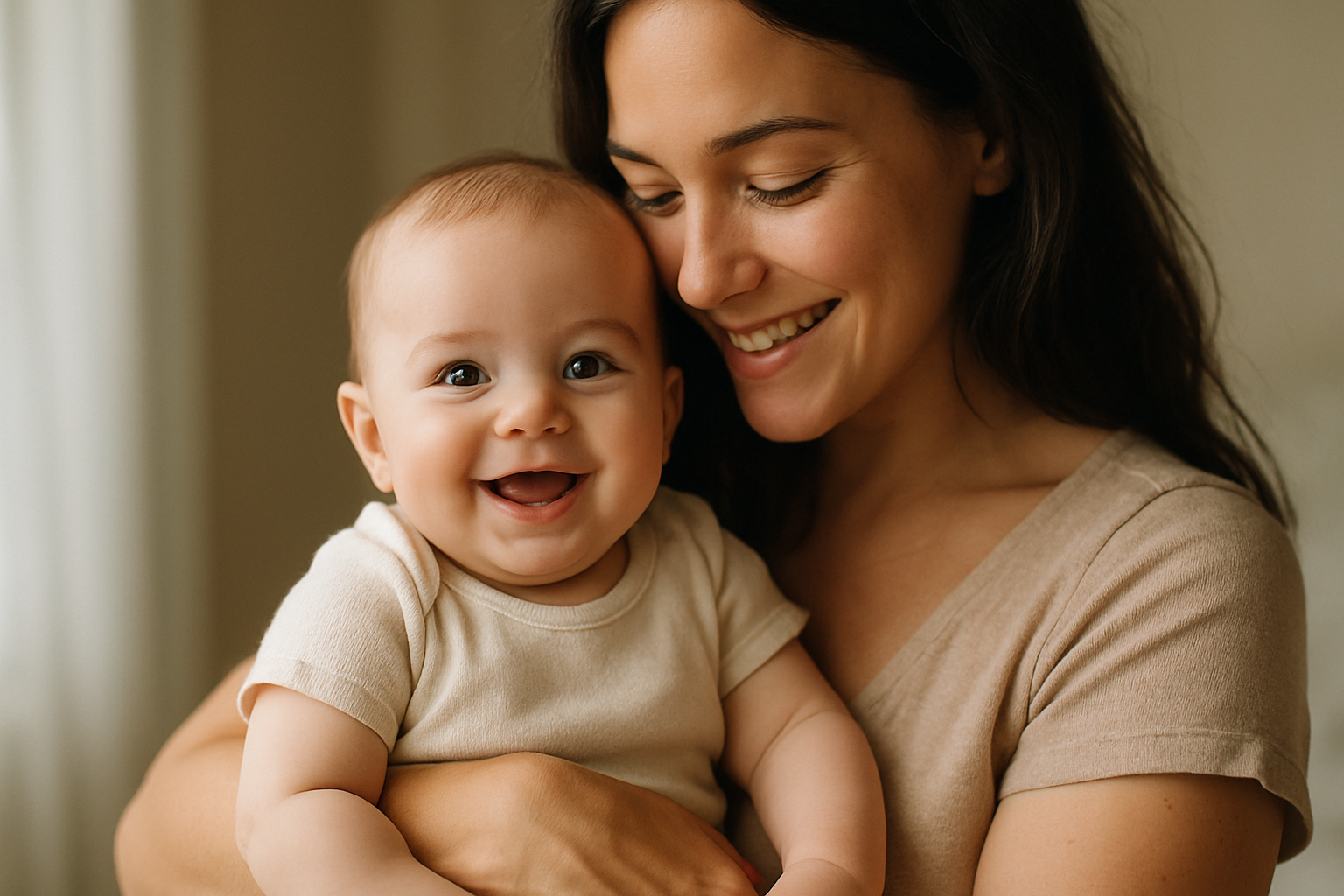 Bébé qui souri dans les bras de maman