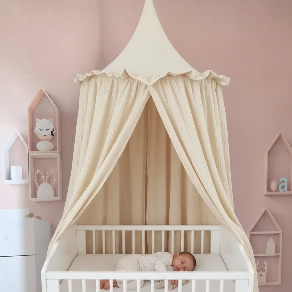 ciel de lit bebe-chateaux-beige-mousseline