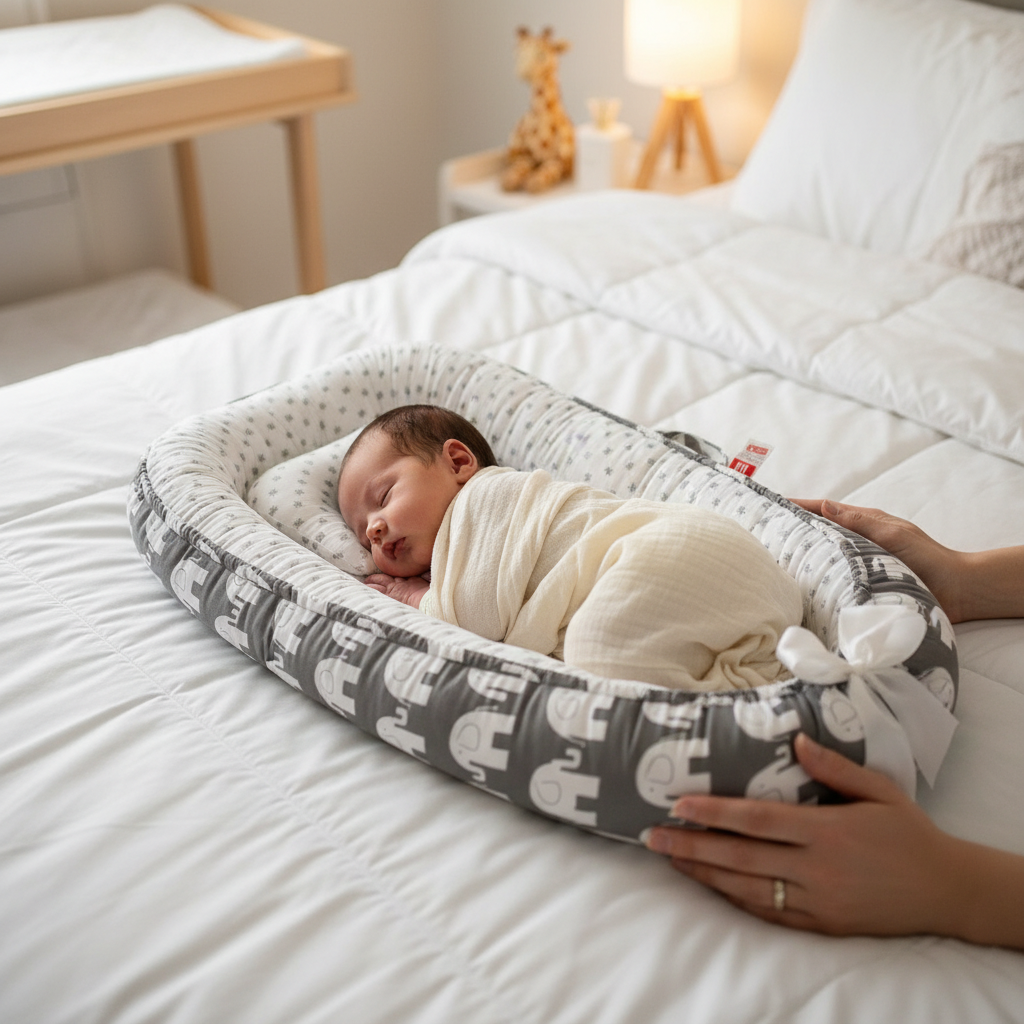 reducteur de lit bebe-cocon-elephant-blanc