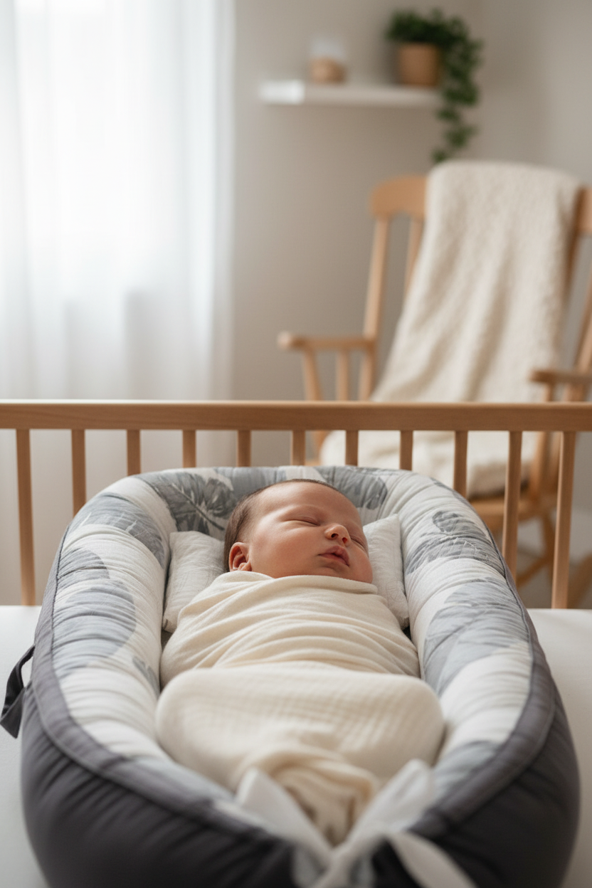 reducteur de lit bebe-feuille-gris-blanc