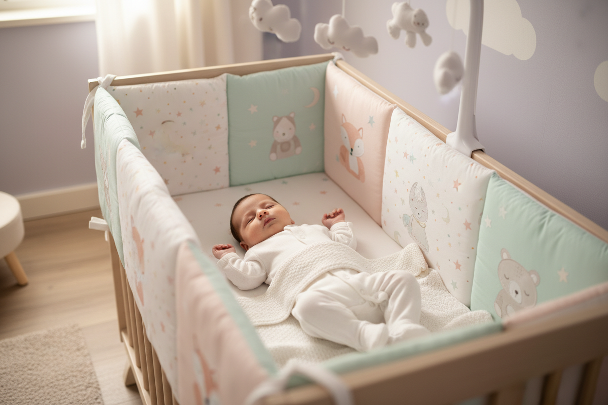 TOUR DE LIT AU BORD DU LIT DE BEBE ANEC BEBE QUI DORT