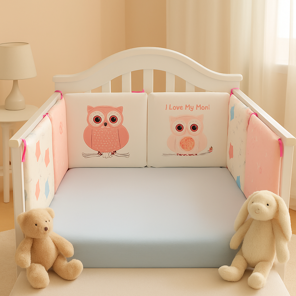 tour de lit bébé-hibou-rose